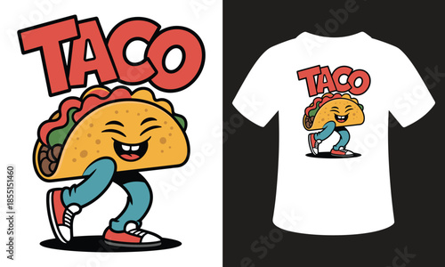 Fun taco character on t-shirt design with dancing taco