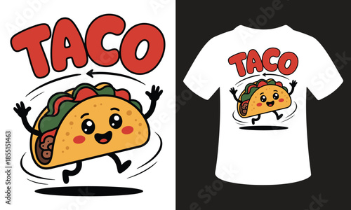 Fun taco cartoon character on t-shirt design with colorful graphics