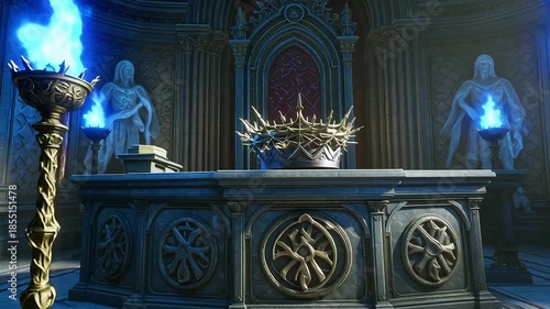 Mystical throne room with glowing blue torches and statues
