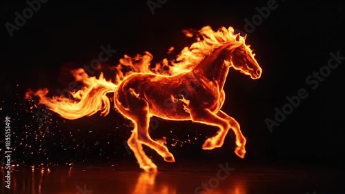 A powerful horse, rendered as dramatic digital art, is dynamically galloping with fiery orange and red flames isolated against a dark black background.