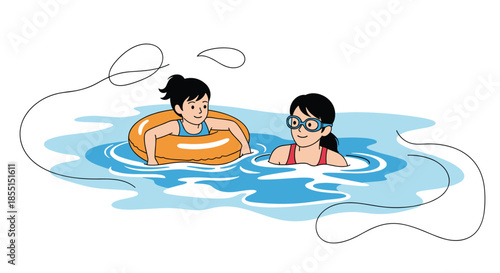 Two happy young girls swimming and playing in blue water with one of them using an orange inflatable life ring.