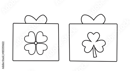 Set of gift box with clover decoration outline.
St. Patrick's day gift box children's coloring pages and templates.
White background.