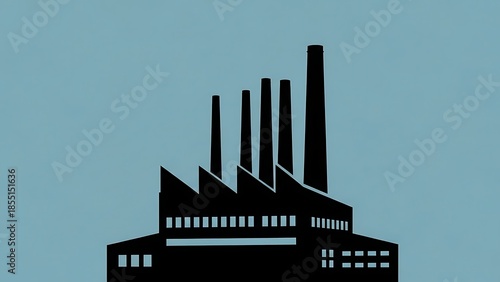 Industrial factory building with multiple chimneys emitting smoke