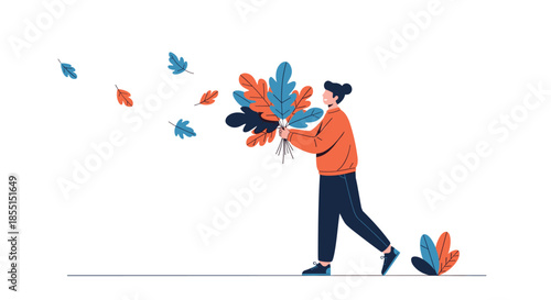 Person happily holding a large bouquet of colorful autumn leaves while more leaves blow around in the windy weather.