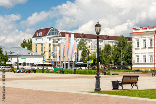 Tobolsk, Tyumen Oblast, Russia, July 22, 2025: The city's central square near the walls of the Tobolsk Kremlin