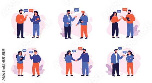 Set of diverse people in business and casual attire talking and communicating in pairs with colored speech bubbles.