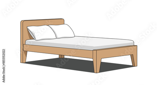 Minimalist wooden bed frame with a white mattress and two soft pillows isolated against a clean white background.