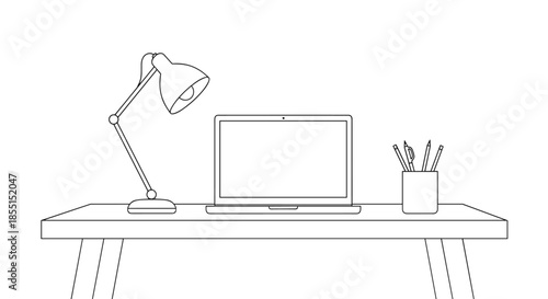 Black and white line art illustration of a minimalist home office workspace with a laptop, lamp, and pen holder on a desk.