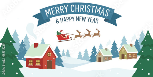 Christmas village illustration, Santa sleigh, reindeer, snowy houses, pine trees, chimney smoke, festive scene, holiday greeting, winter celebration