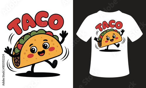 Fun taco character on t-shirt design with colorful graphic