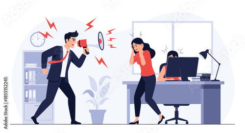 Angry boss shouting through a megaphone at stressed office employees in a busy and chaotic workplace environment.