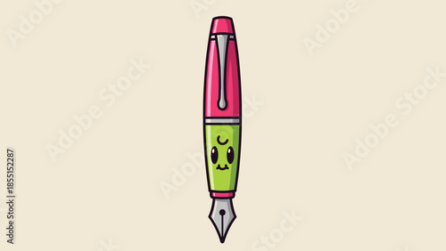 Cute fountain pen illustration, colorful writing tool character design, creative stationery concept, playful minimal flat vector artwork style