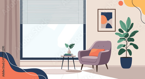 Beautiful modern living room interior with a comfortable purple armchair, large window with blinds, and indoor plants.