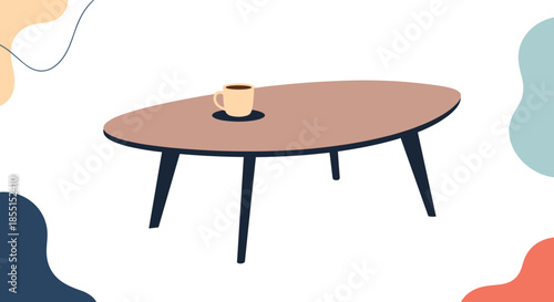 Single cup of hot black coffee on a saucer sitting on a large modern oval wooden table in a minimalist abstract room.