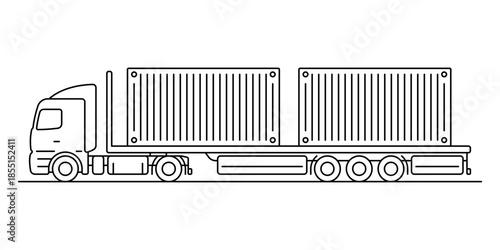 Truck tractor with a semitrailer and containers. Black outline linear silhouette. Editable strokes. Side view. Vector simple flat graphic illustration. Isolated object on a white background.