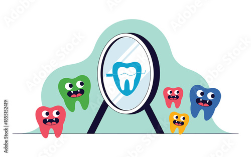 Colorful cartoon teeth characters around magnifying glass