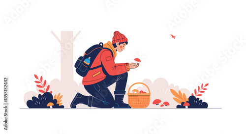 Outdoor enthusiast kneeling down to pick wild mushrooms and placing them in a wicker basket in an autumn forest setting.