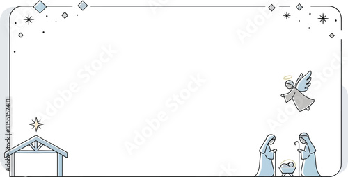 Minimalist Nativity Scene Frame with Mary, Joseph, Baby Jesus, and Angel for Christmas Greeting