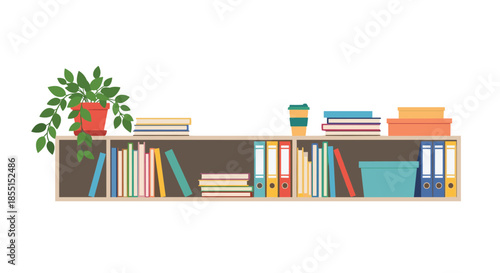 Well-organized wooden wall shelf decorated with several books, office folders, potted green plant, and a takeaway coffee cup.