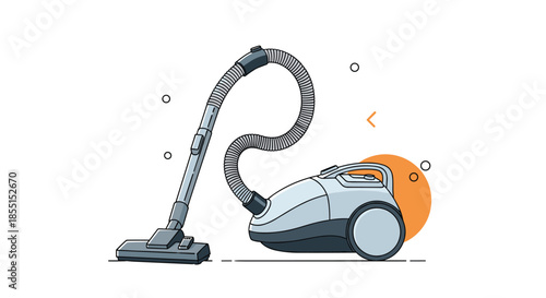 Modern gray canister vacuum cleaner illustration with a flexible hose and floor attachment on a clean white background.