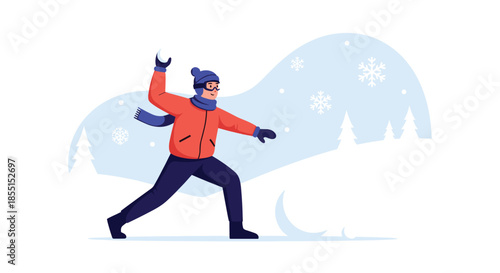 Active man wearing winter gear throwing a snowball in a snowy landscape with pine trees and snowflakes in the background.