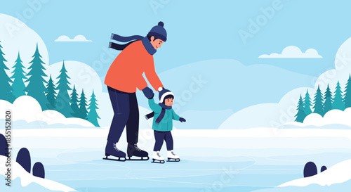 Caring father holding his young son's hand and teaching him how to ice skate on a frozen lake during winter season.