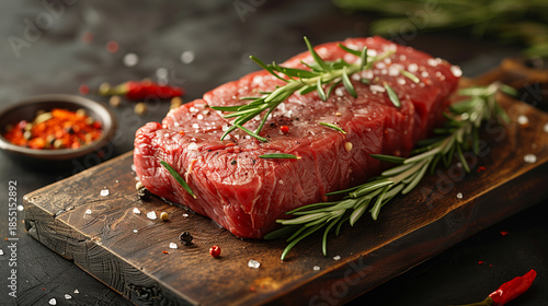 Uncooked steak fillet with seasoning herbs and peppercorns