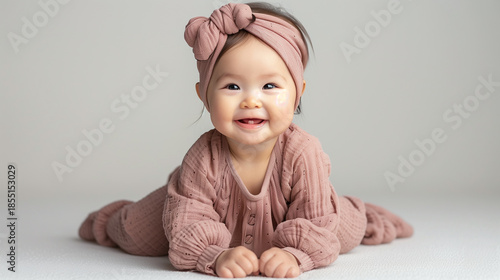 Asian baby with a bow on her head and in overalls lying on a white background and smiling