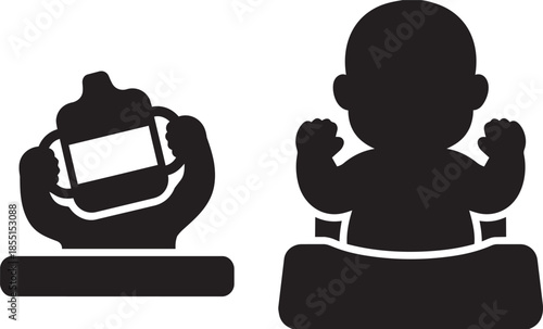 Baby in high chair with sippy cup and hands raised up in celebration