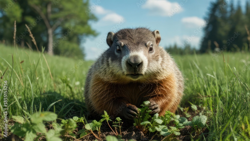 Fototapeta premium Groundhog in a grassy field