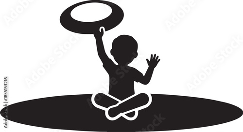 child meditating with a floating halo above head and sitting on a circular mat