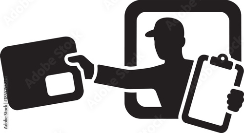 Delivery man courier silhouette handing package through window while holding clipboard report