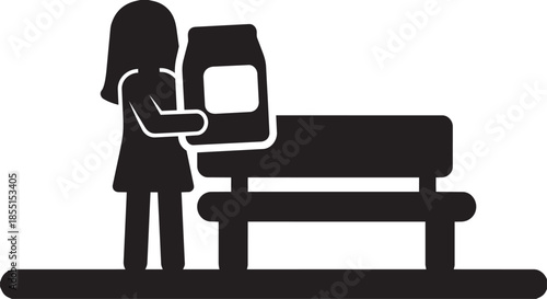 Girl putting large bag on park bench silhouette icon graphic vector design black on white bg