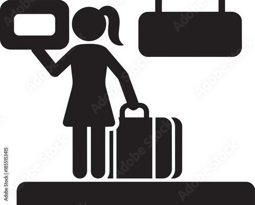 Girl traveler holding sign and pulling suitcase on wheels icon vector travel concept illustration