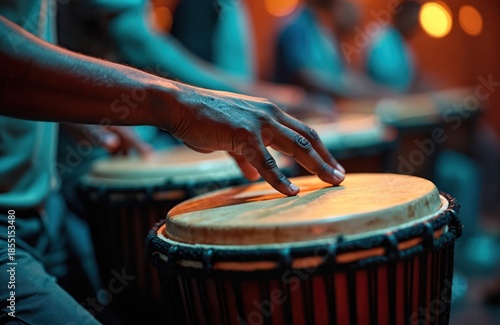 Wallpaper Mural Black man plays bongo drums at outdoor cultural festival. People watch concert under stage lights. Focus on musician hands creating rhythm beat. Torontodigital.ca