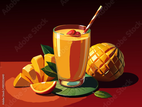 vector of Glass of lassi mango with fresh mango slices, real image isolated on dark red background.