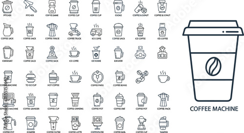 Comprehensive Coffee Machine Icon Set Featuring Professional Espresso Equipment To Go Cups Roasted Beans Barista Tools and Cafe Beverage Symbols for Restaurant Branding
