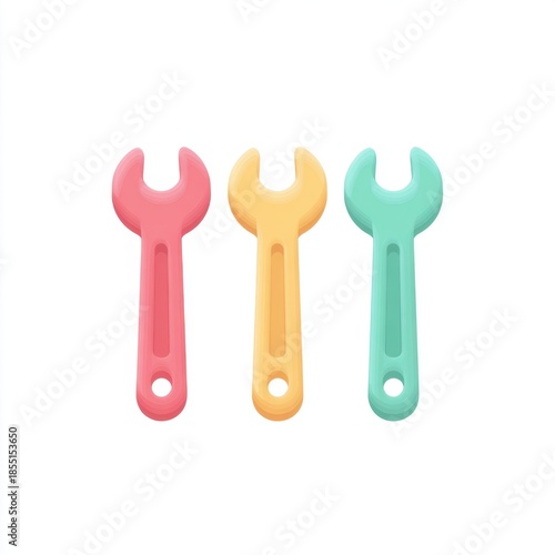 Pastel flat tools wrench icon soft colors, three cartoon wrenches in pink, yellow, and teal, isolated on white background, playful and minimal design