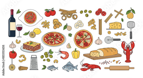 Large variety of culinary icons including pizza lasagna wine seafood and fresh vegetables for menu design ideas.