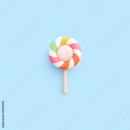 Pastel lollipop icon with soft tones, round candy swirl, minimal style, isolated on light blue background, cheerful and playful mood, sweet dessert illustration