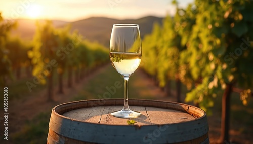 Glass of white wine rests on wooden barrel at sunset. Vineyard rows with green grapevines stretch towards distant hills. Golden light illuminates agricultural landscape, promoting wine tasting