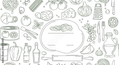 Detailed line drawing pattern illustrates a wide range of kitchen ingredients and tools used for cooking Italian food.