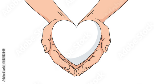 Simple and clean illustration shows two hands carefully cupping a white heart shape symbolizing love and care.