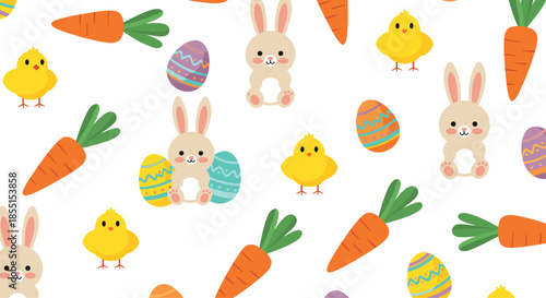 Cheerful Easter pattern features cute little bunnies yellow chicks colorful decorated eggs and orange carrots.
