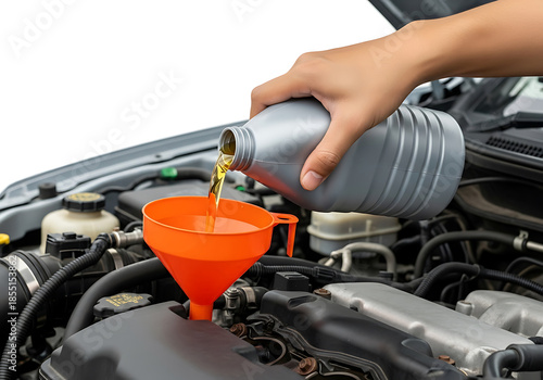 Pouring oil into a car engine using a funnel