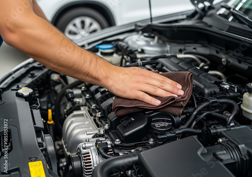 Mechanic cleaning a car engine with a cloth