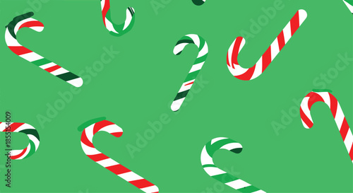 Seasonal holiday pattern displays various red and green striped candy canes scattered across a bright green surface.