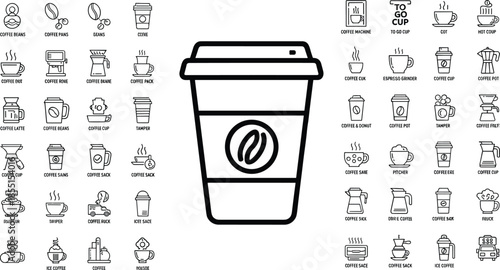 Complete Coffee Shop Icon Set Featuring Espresso Machines To Go Cups Roasted Beans Brewing Equipment and Cafe Beverage Symbols for Menu Design and Branding
