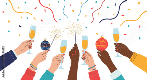 Hands of diverse people reach up to celebrate with champagne glasses and burning sparklers amidst colorful confetti.