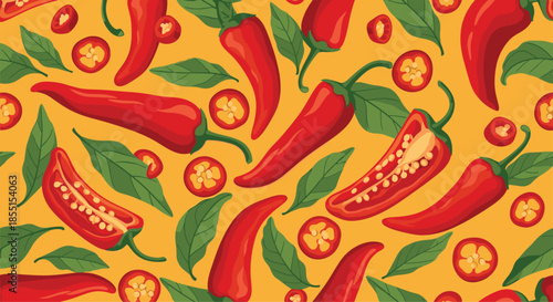 Seamless pattern features vibrant red chili peppers and green leaves on an orange background for kitchen decor.